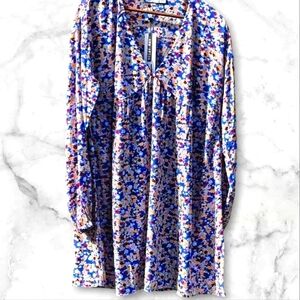 :L: Blue White Pink & Yellow Noisy May Dress with Smocked Bodice & Long Sleeves.